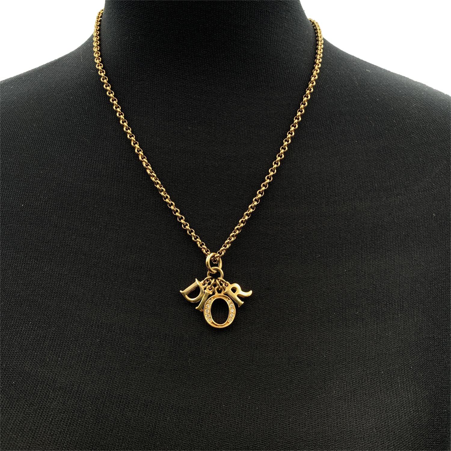 Christian Dior Gold Metal Crystals Dangling Letters Logo Necklace For ...