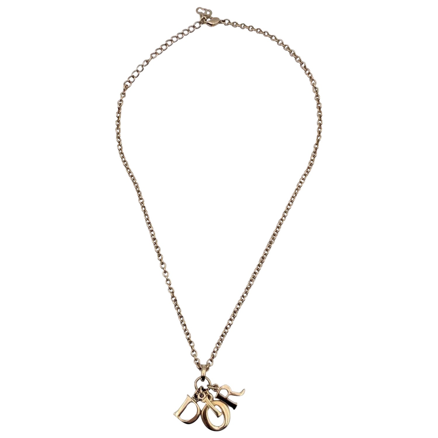 Christian Dior Gold Metal Dangling Letters Logo Necklace