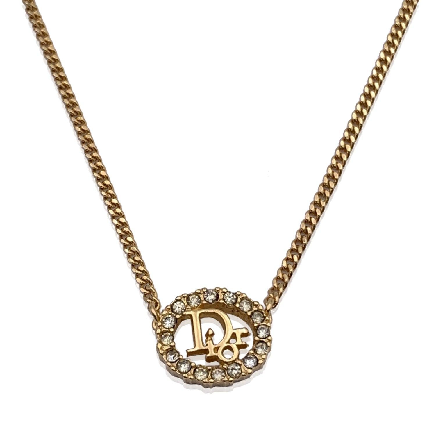 Christian Dior Gold Metal Dior Oval Logo Crystal Rhinestones Necklace In Excellent Condition For Sale In Rome, Rome