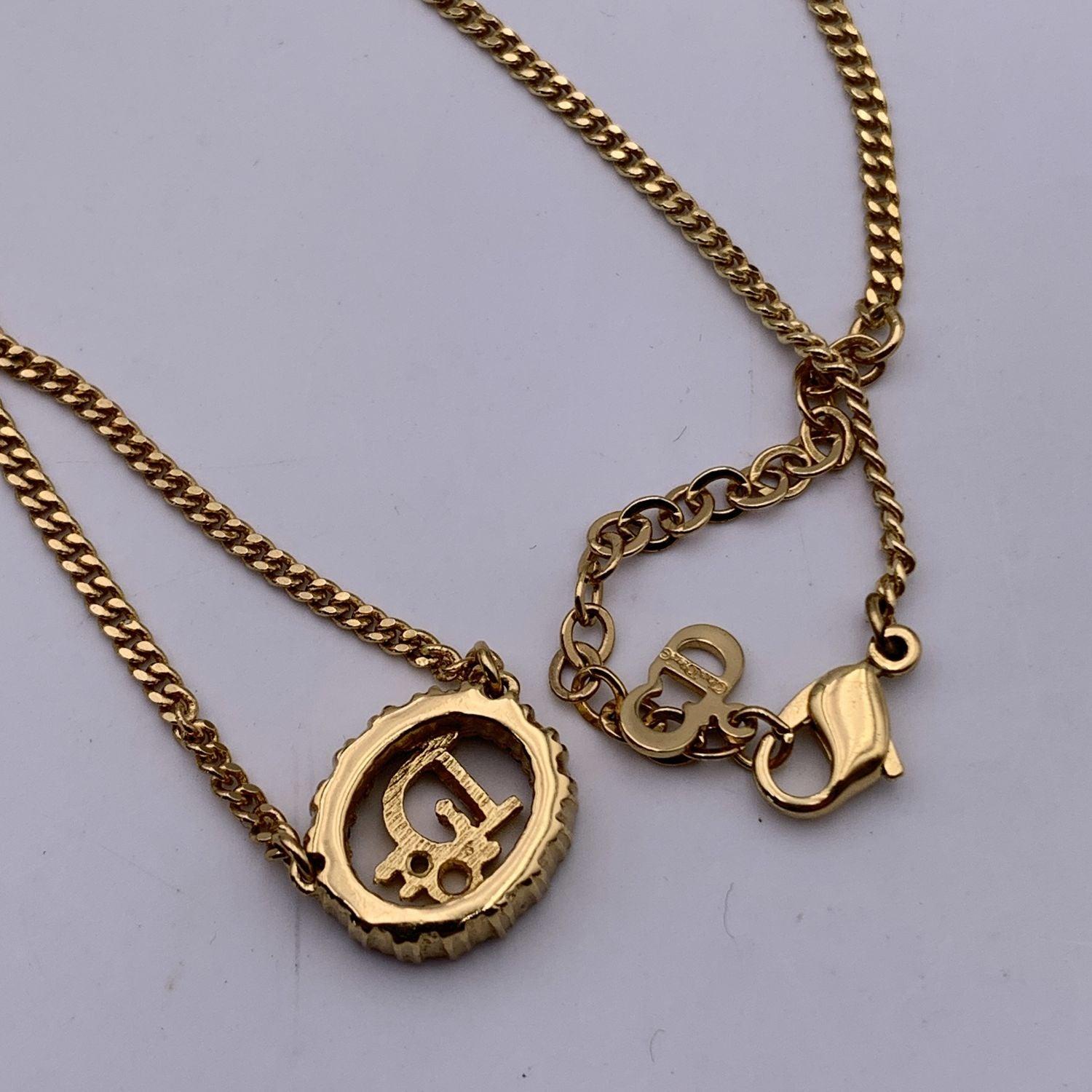 Women's Christian Dior Gold Metal Dior Oval Logo Crystal Rhinestones Necklace For Sale