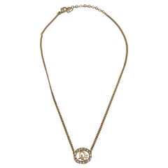 Used Christian Dior Gold Metal Dior Oval Logo Crystal Rhinestones Necklace