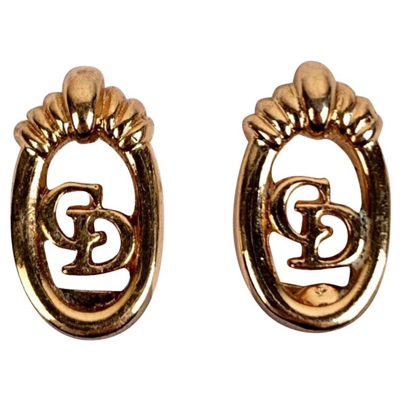 Christian Dior Gold Metal Oval CD Logo Clip On Earrings
