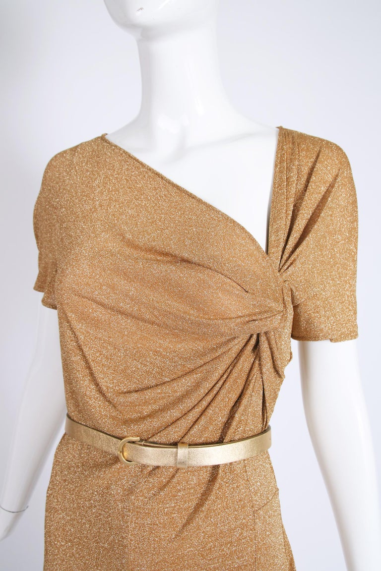 Christian Dior Gold Metallic Stretch Cocktail Dress w/Belt In Excellent Condition For Sale In Los Angeles, CA
