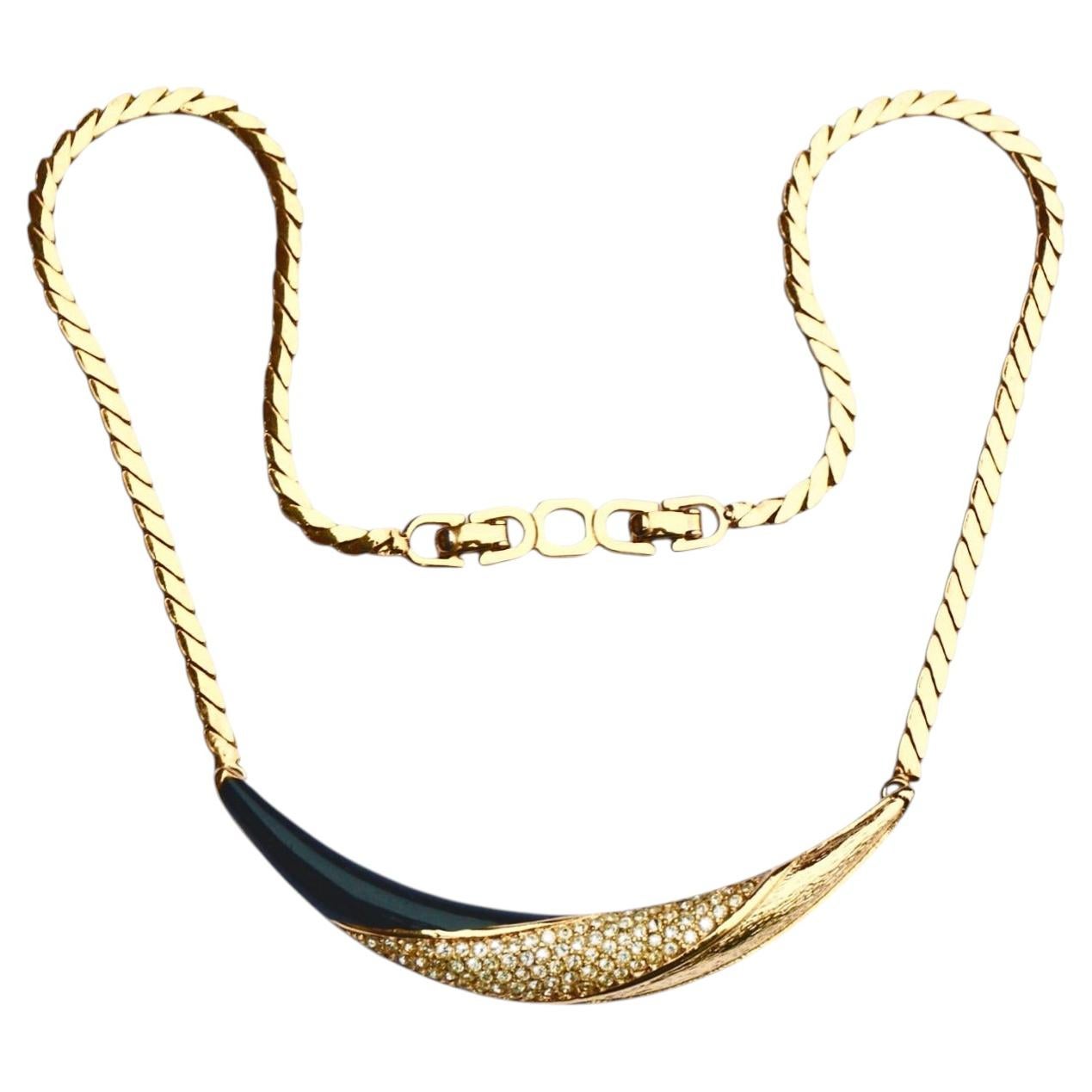Christian Dior - Collier en plaqué or et émail noir avec strass en vente