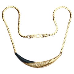 Christian Dior Gold Plated and Black Enamel Necklace with Rhinestones