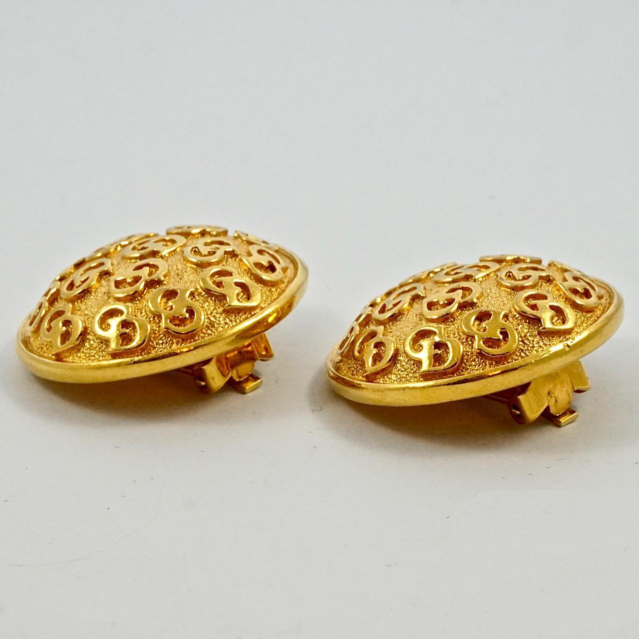 Christian Dior Gold Plated CD Monogram Clip On Earrings circa 1980s In Good Condition In London, GB