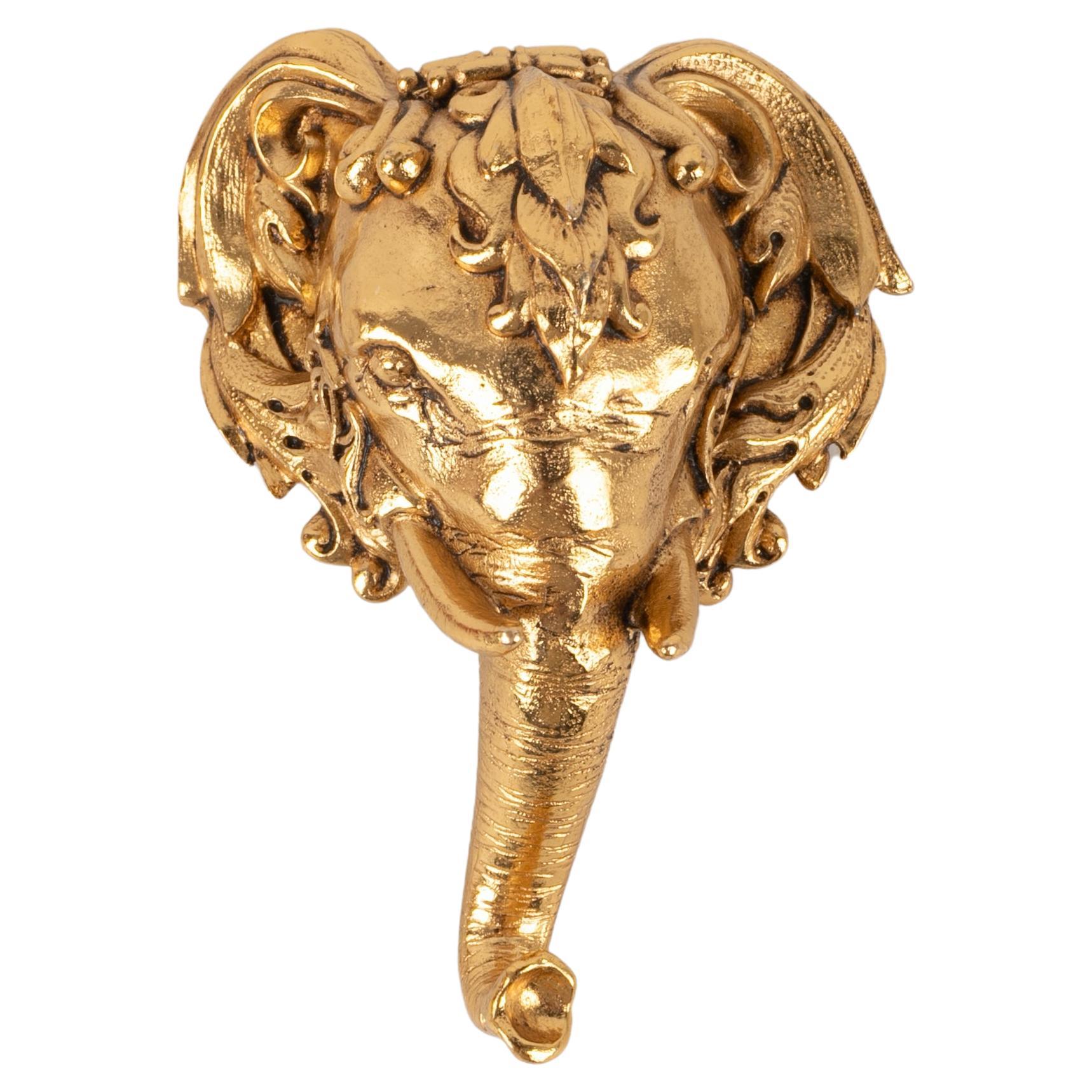 Christian Dior Gold-Plated Metal Pendant Brooch Depicting an Elephant Head For Sale