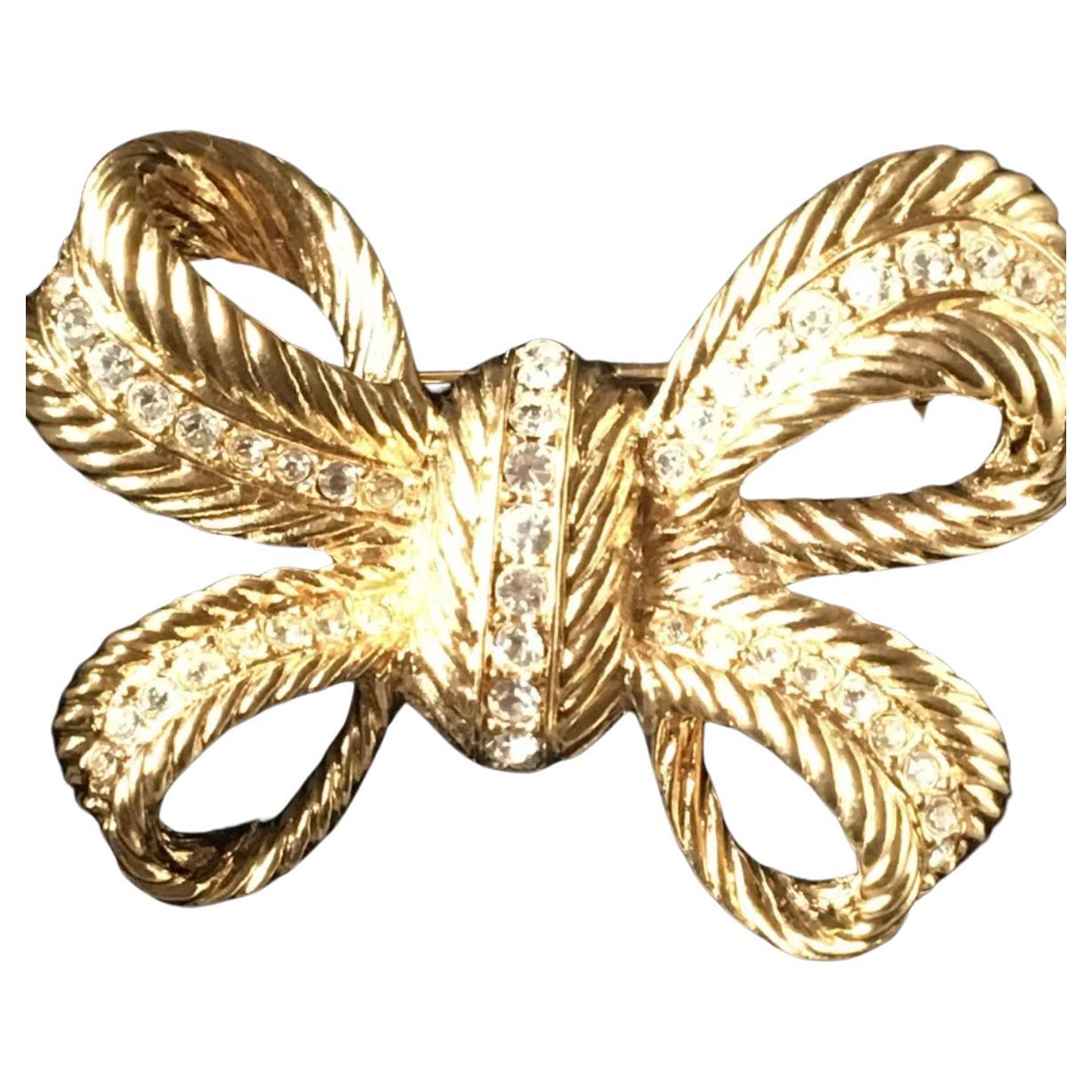 Christian Dior Gold Plated Vintage Swarovski Crystals Bow Brooch For Sale