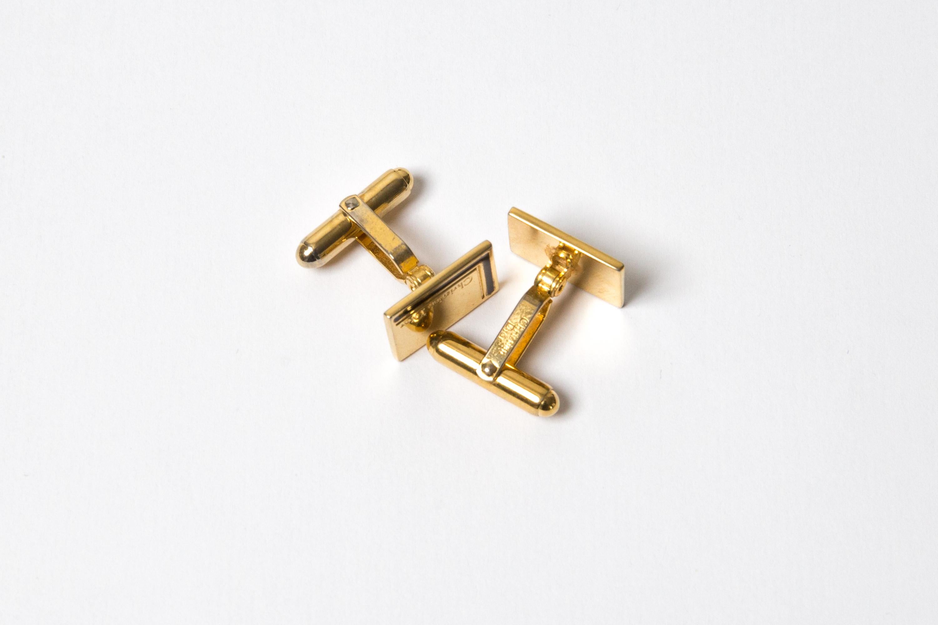 Men's Christian Dior Gold Tone and Black Logo Cufflinks For Sale
