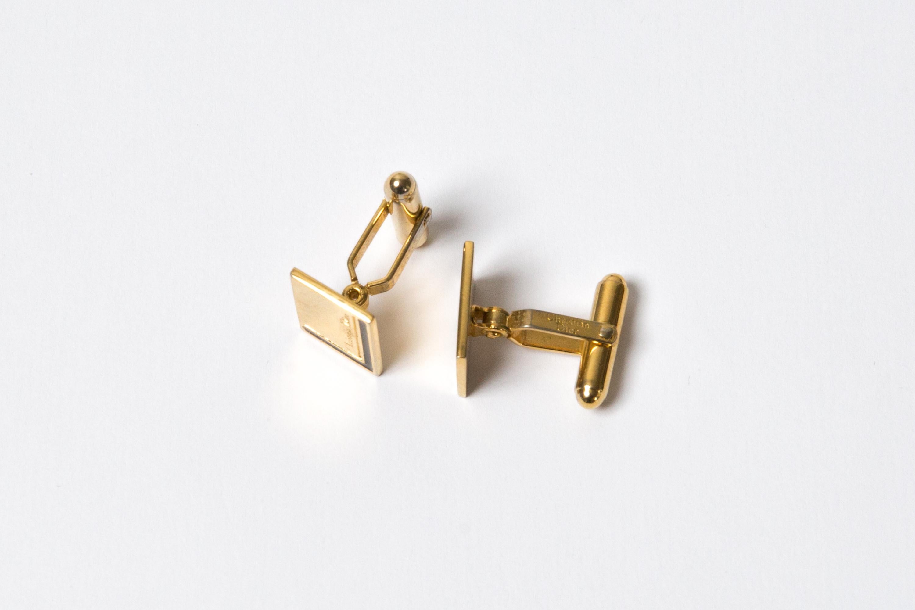 Christian Dior Gold Tone and Black Logo Cufflinks For Sale 1