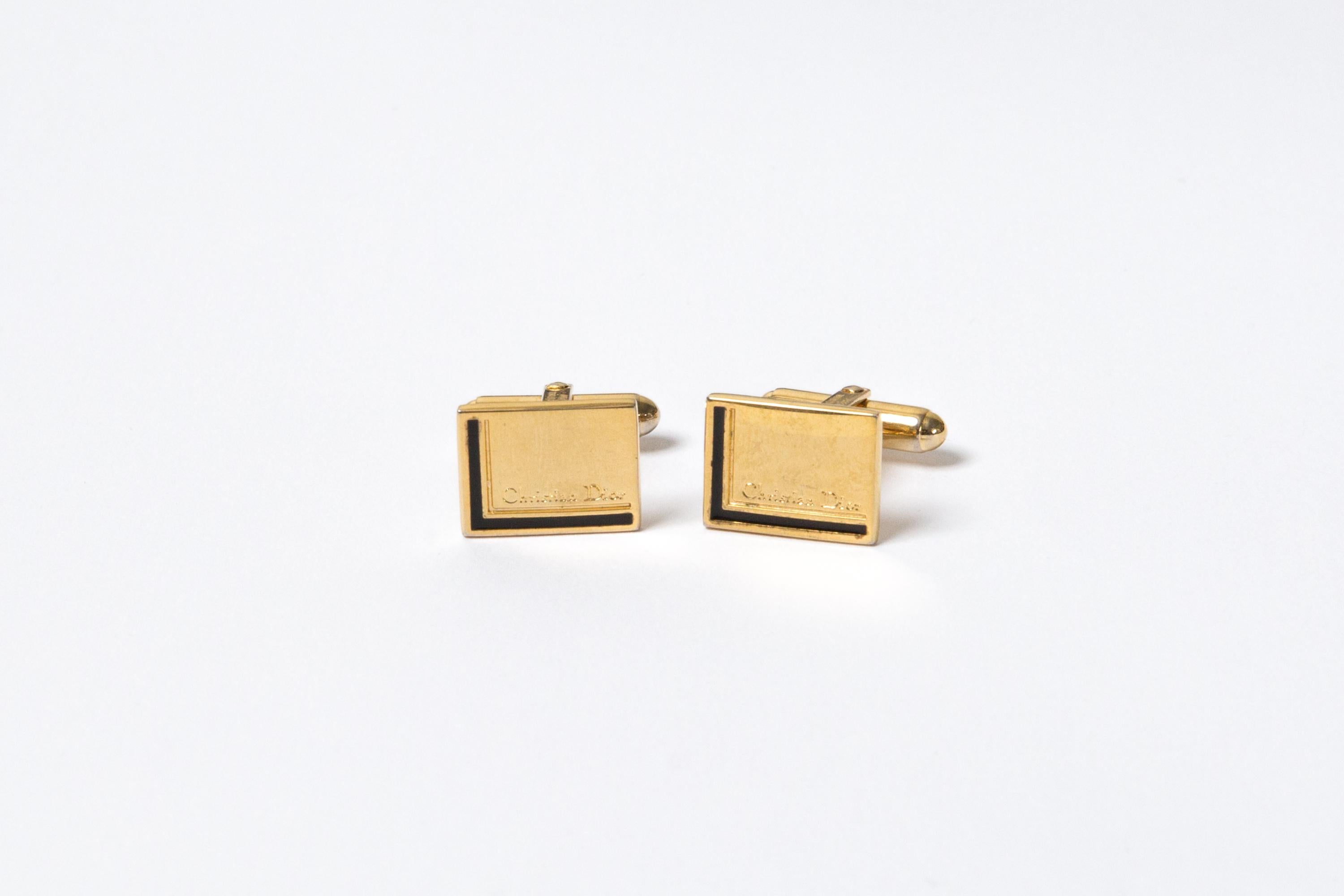 Christian Dior Gold Tone and Black Logo Cufflinks For Sale 2