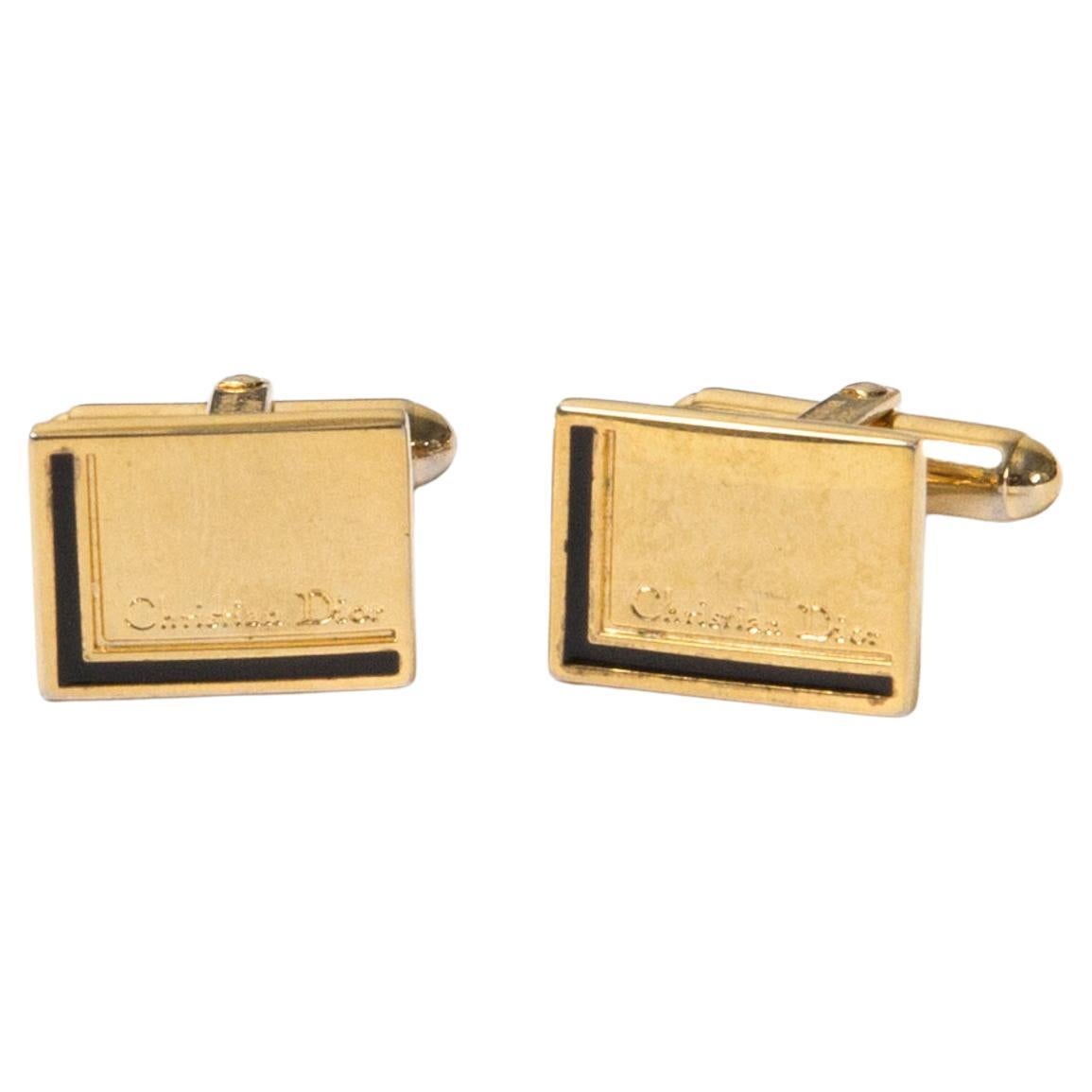 Christian Dior Gold Tone and Black Logo Cufflinks For Sale