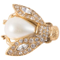 Christian Dior Gold Tone Bee Faux Pearl Strass Brooch