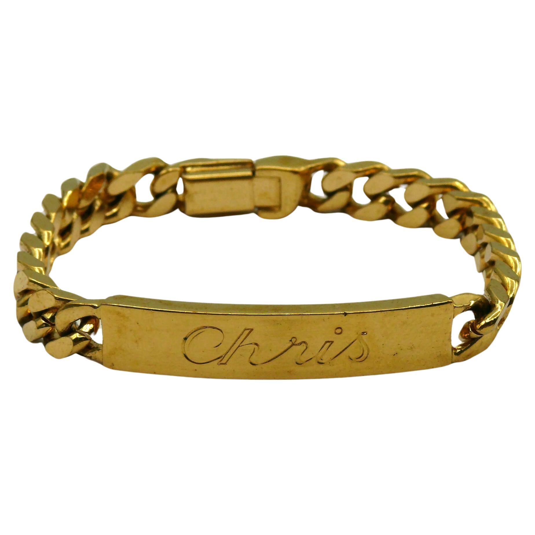 CHRISTIAN DIOR Vintage Gold Tone CHRIS Tag Bracelet For Sale