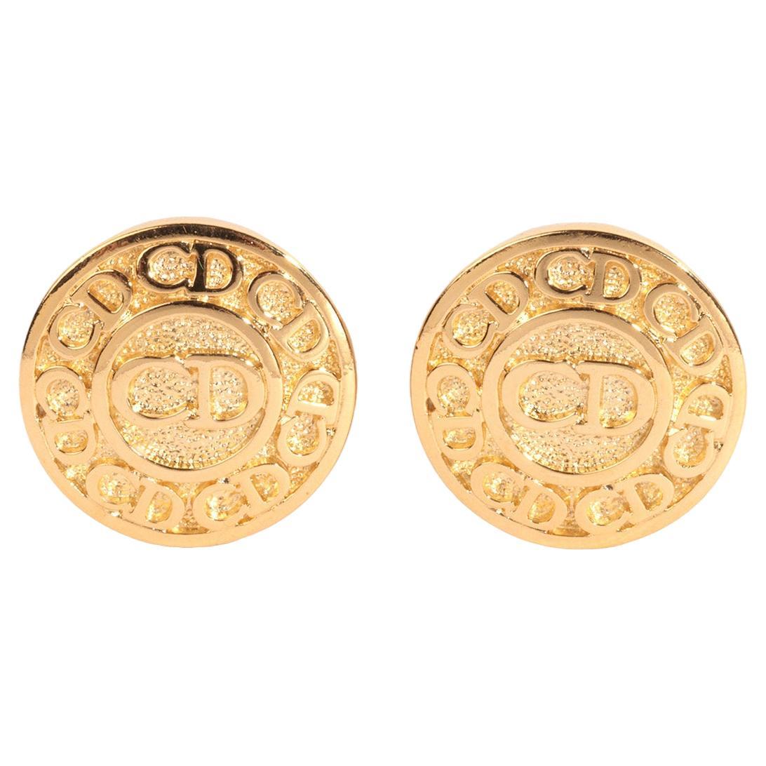 Christian Dior Gold Tone Clip Logo Button Earrings For Sale