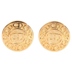 Used Christian Dior Gold Tone Clip Logo Button Earrings