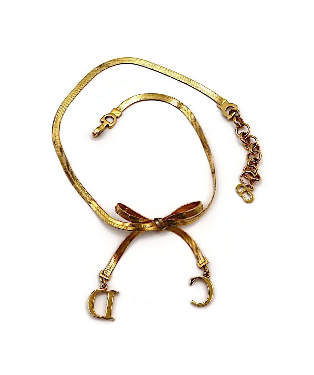 CHRISTIAN DIOR Gold Tone Flat Herringbone Bow CD Logo Necklace 8