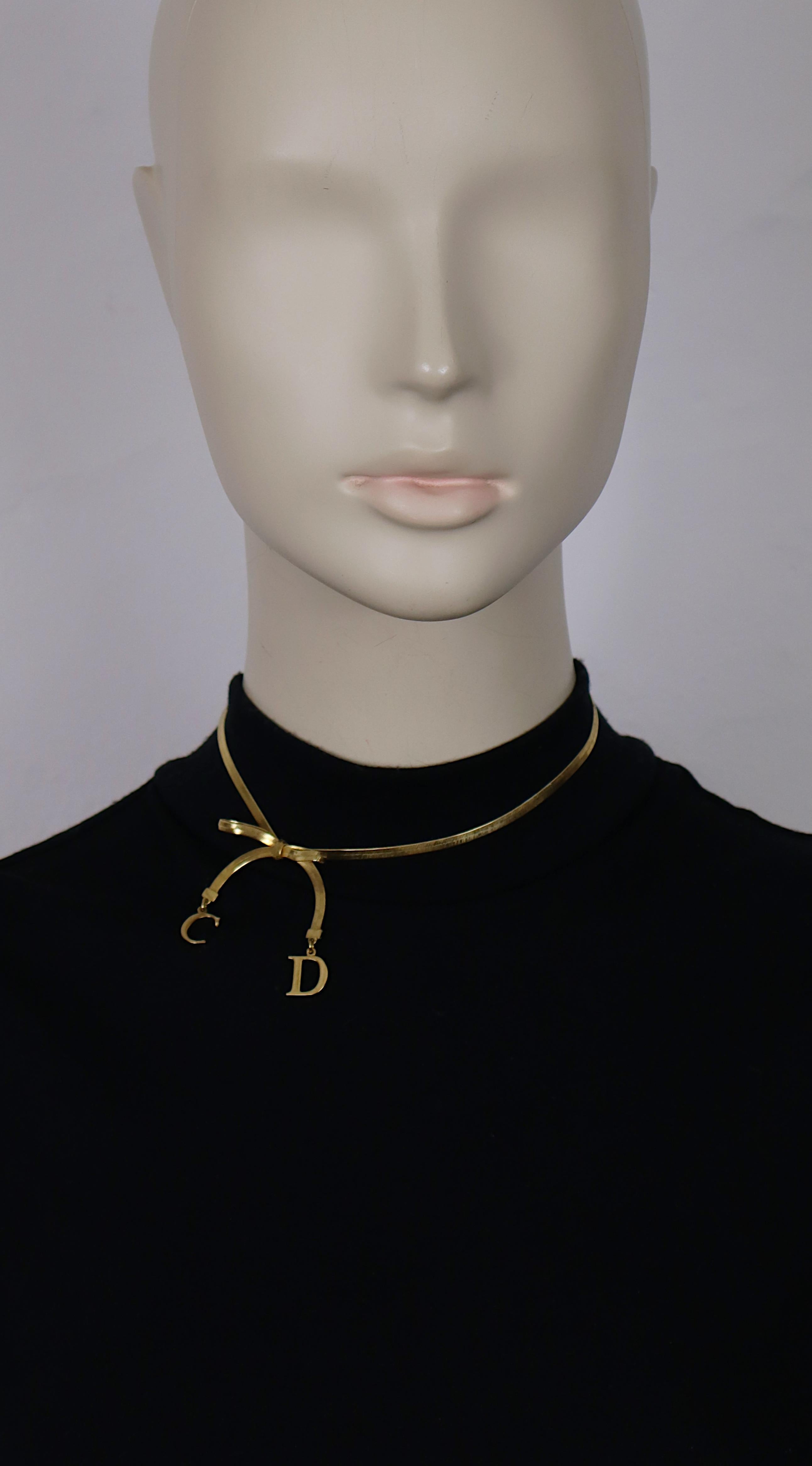 Women's CHRISTIAN DIOR Gold Tone Flat Herringbone Bow CD Logo Necklace