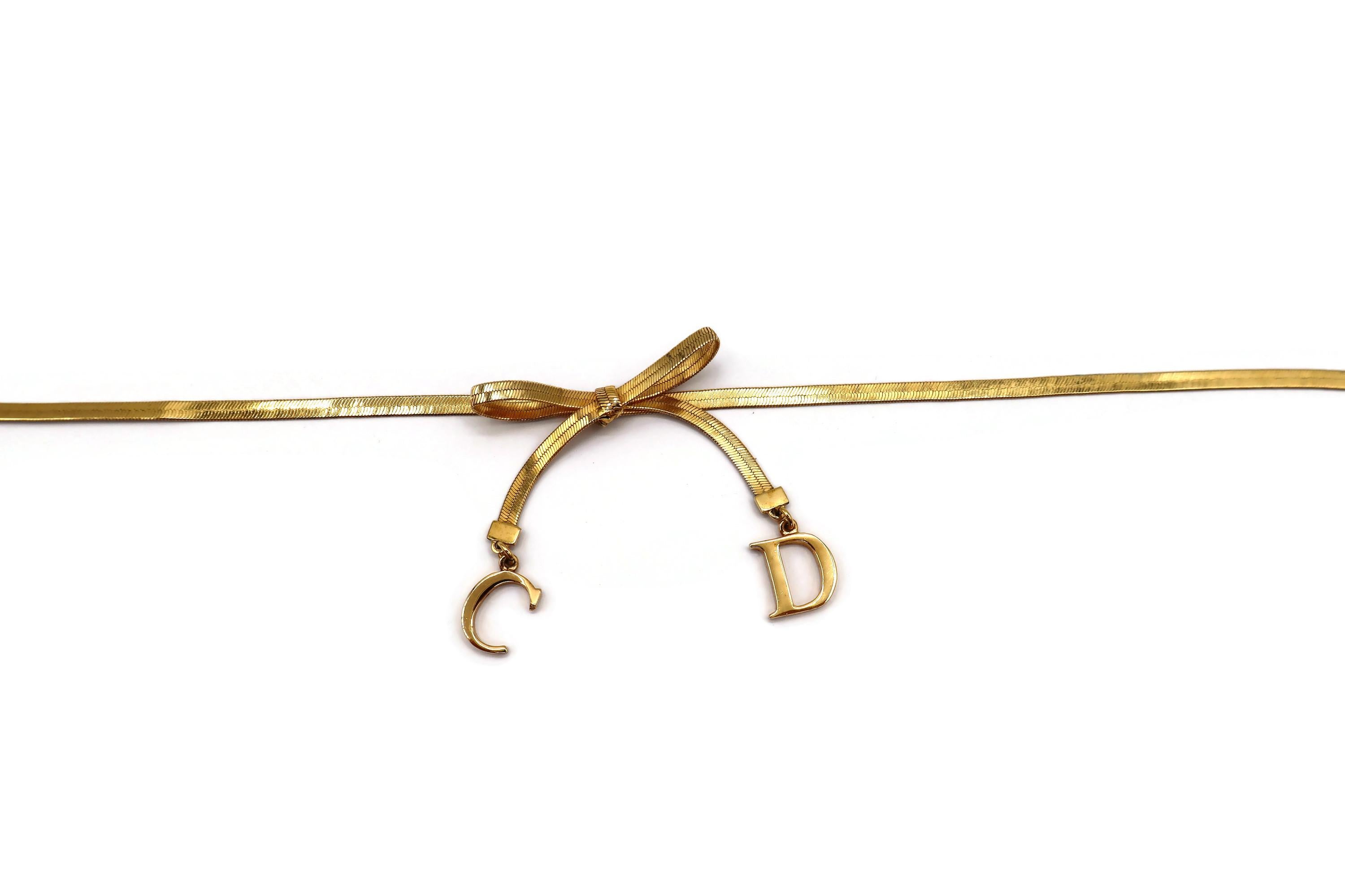 CHRISTIAN DIOR Gold Tone Flat Herringbone Bow CD Logo Necklace 3
