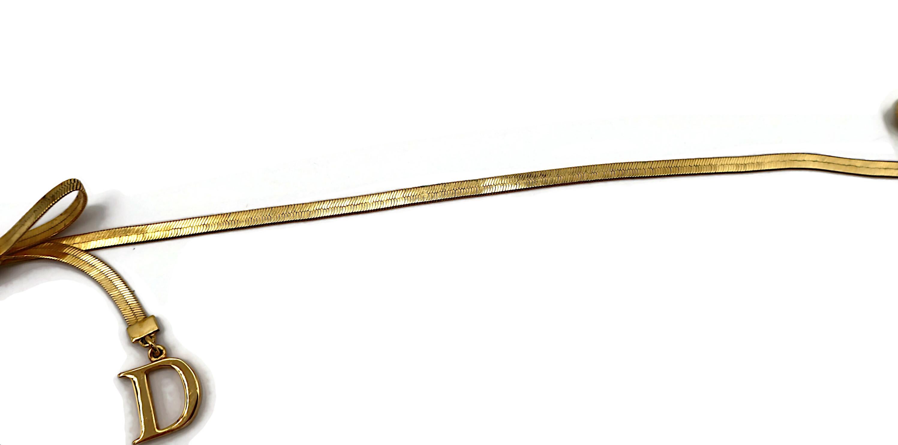 CHRISTIAN DIOR Gold Tone Flat Herringbone Bow CD Logo Necklace 4