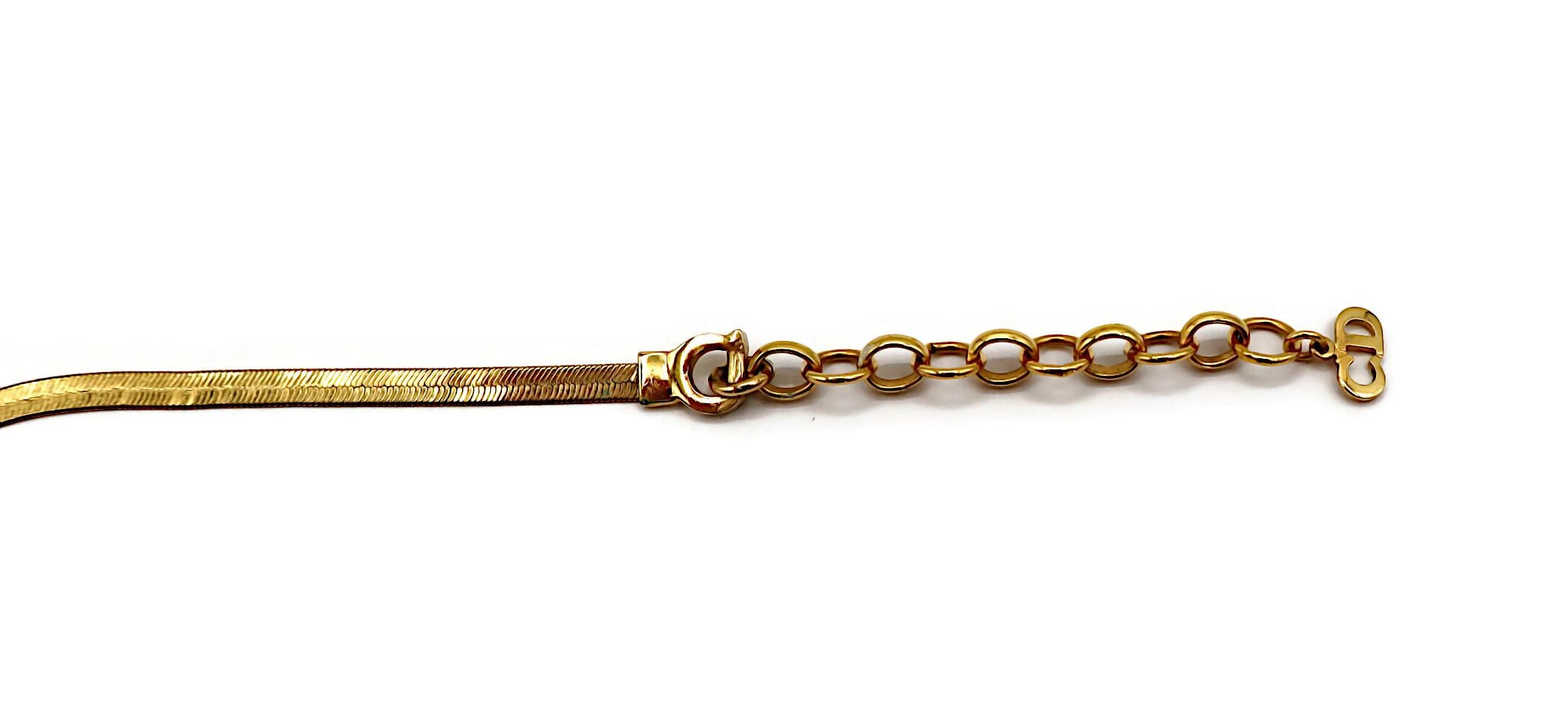 CHRISTIAN DIOR Gold Tone Flat Herringbone Bow CD Logo Necklace 6