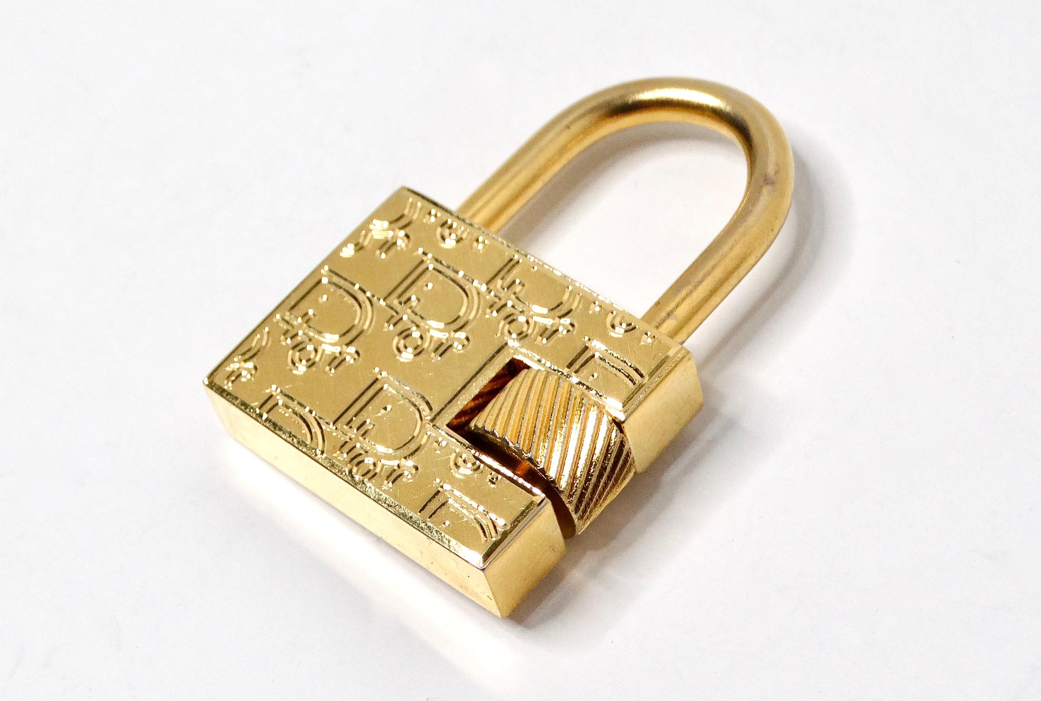 Christian Dior Gold-Tone Logo Engraved Padlock Charm Pendant In Good Condition For Sale In Scottsdale, AZ