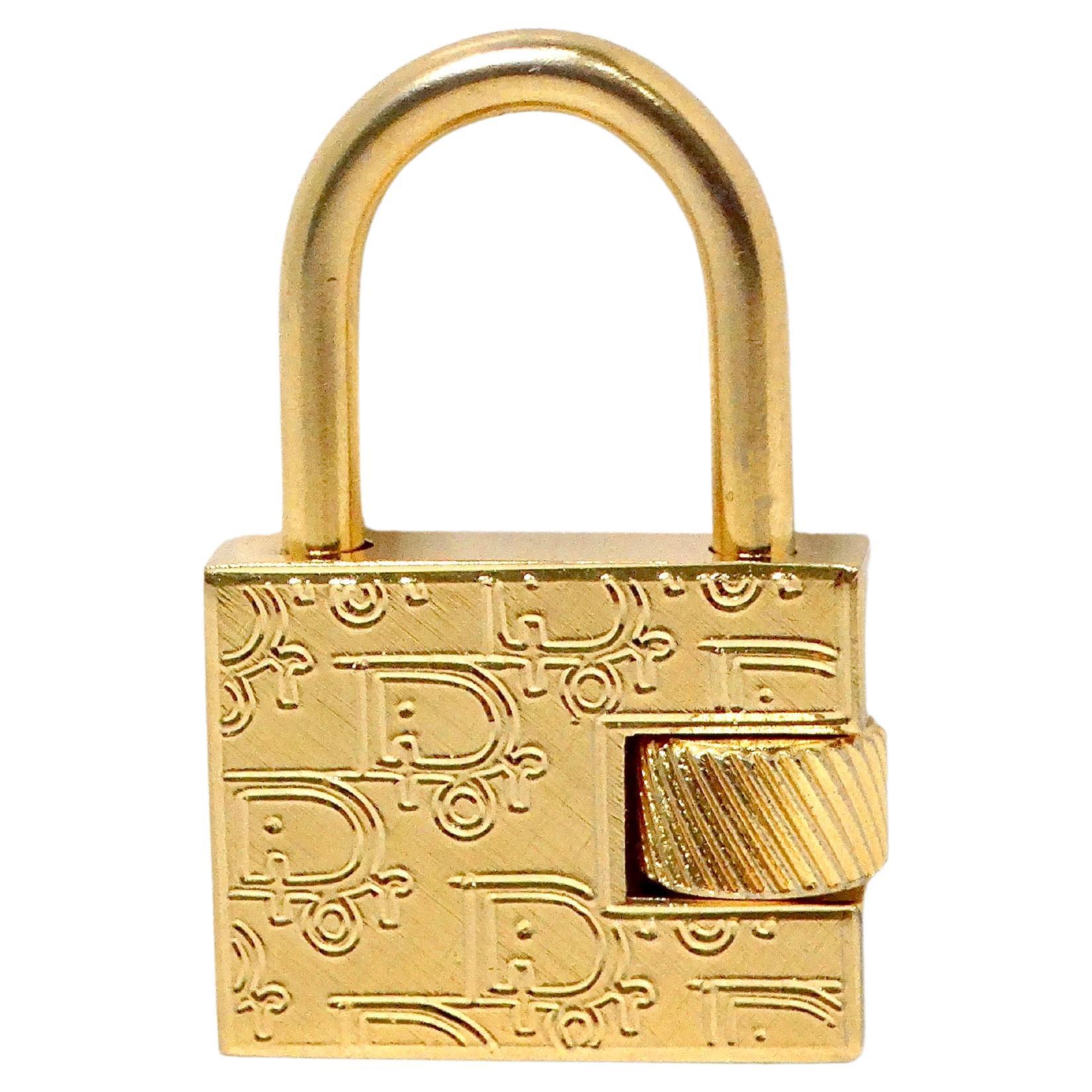 Christian Dior Gold-Tone Logo Engraved Padlock Charm Pendant For Sale
