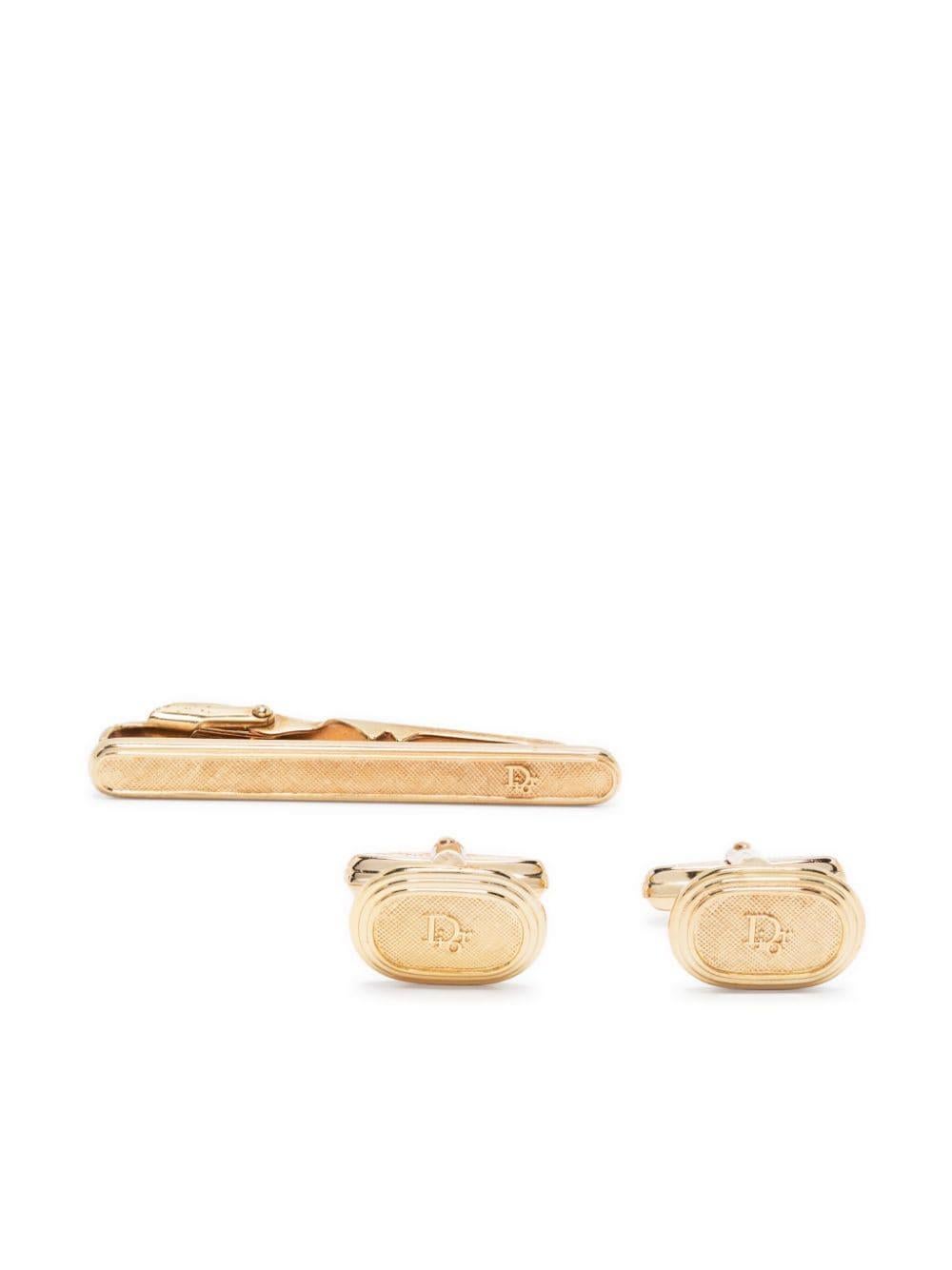Christian Dior Goldfarbene Manschettenknöpfe und Krawattenklammer-Set mit Logo-Stempel Herren