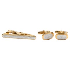 Christian Dior Gold Tone Logo Stamp Tie Clip And Cufflinks Set