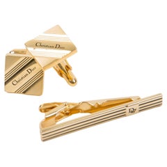 Christian Dior Gold Tone Logo Tie Clip And Cufflinks Set