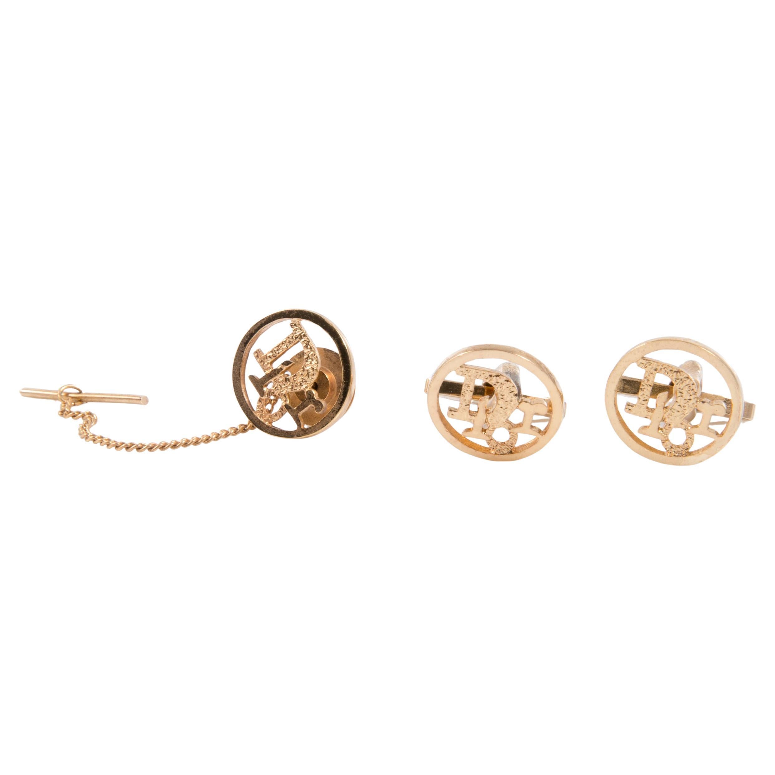 Christian Dior Gold Tone Round Cufflinks 
Tie Tack Pin Logo Link Set
