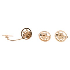 Christian Dior Gold Tone Round Cufflinks 
Tie Tack Pin Logo Link Set