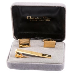 Christian Dior Gold Tone Stripy Cuff Links and Tie Clip Logo Link Set