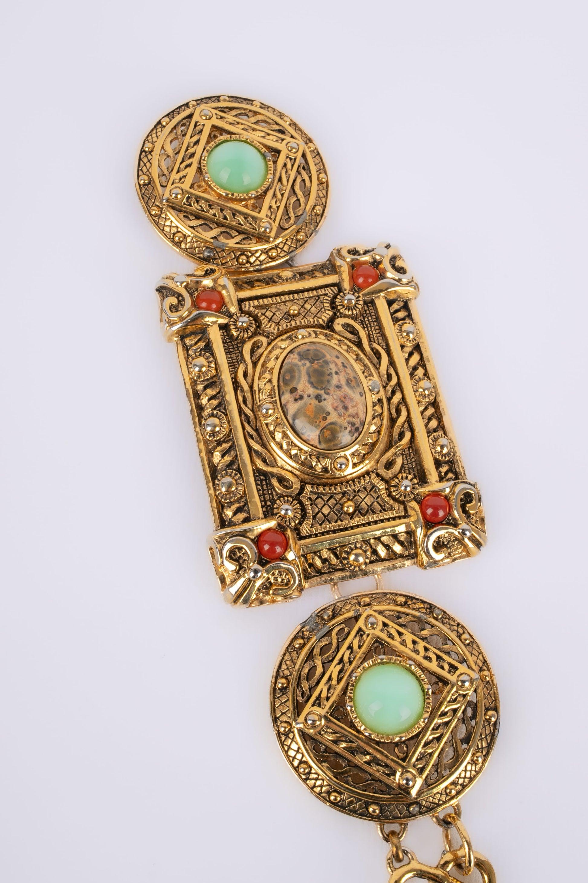 Brown Christian Dior Golden Metal Belt with Glass Cabochons, 1990 For Sale