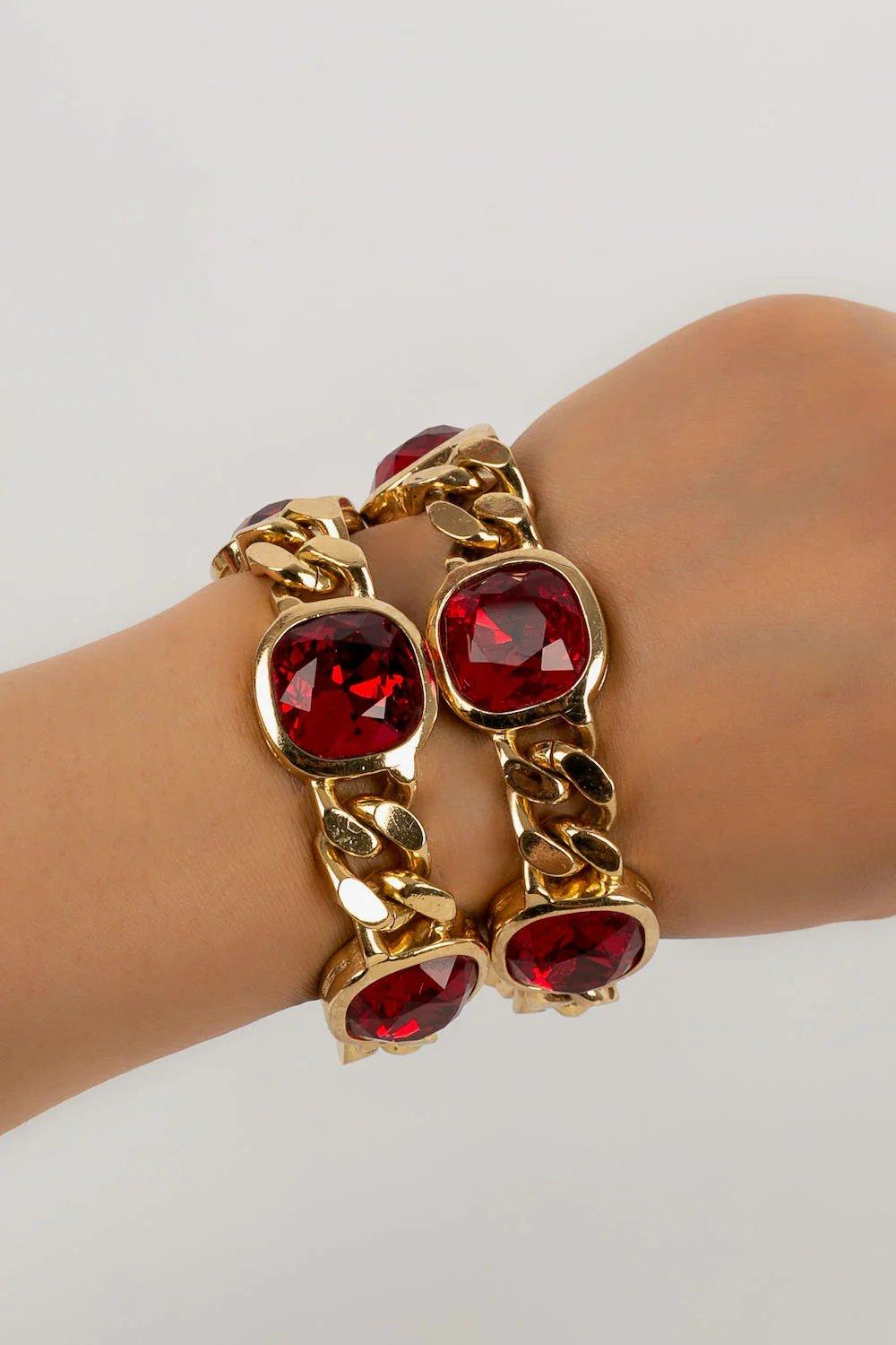 Christian Dior Golden Metal Bracelet with Red Rhinestones For Sale 2