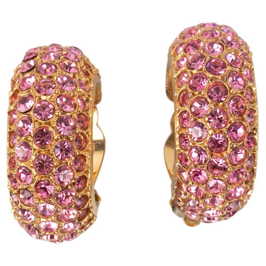 Christian Dior Golden Metal Clip-On Earrings Ornamented with Pink Rhinestones For Sale