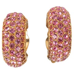 Christian Dior Golden Metal Clip-On Earrings Ornamented with Pink Rhinestones