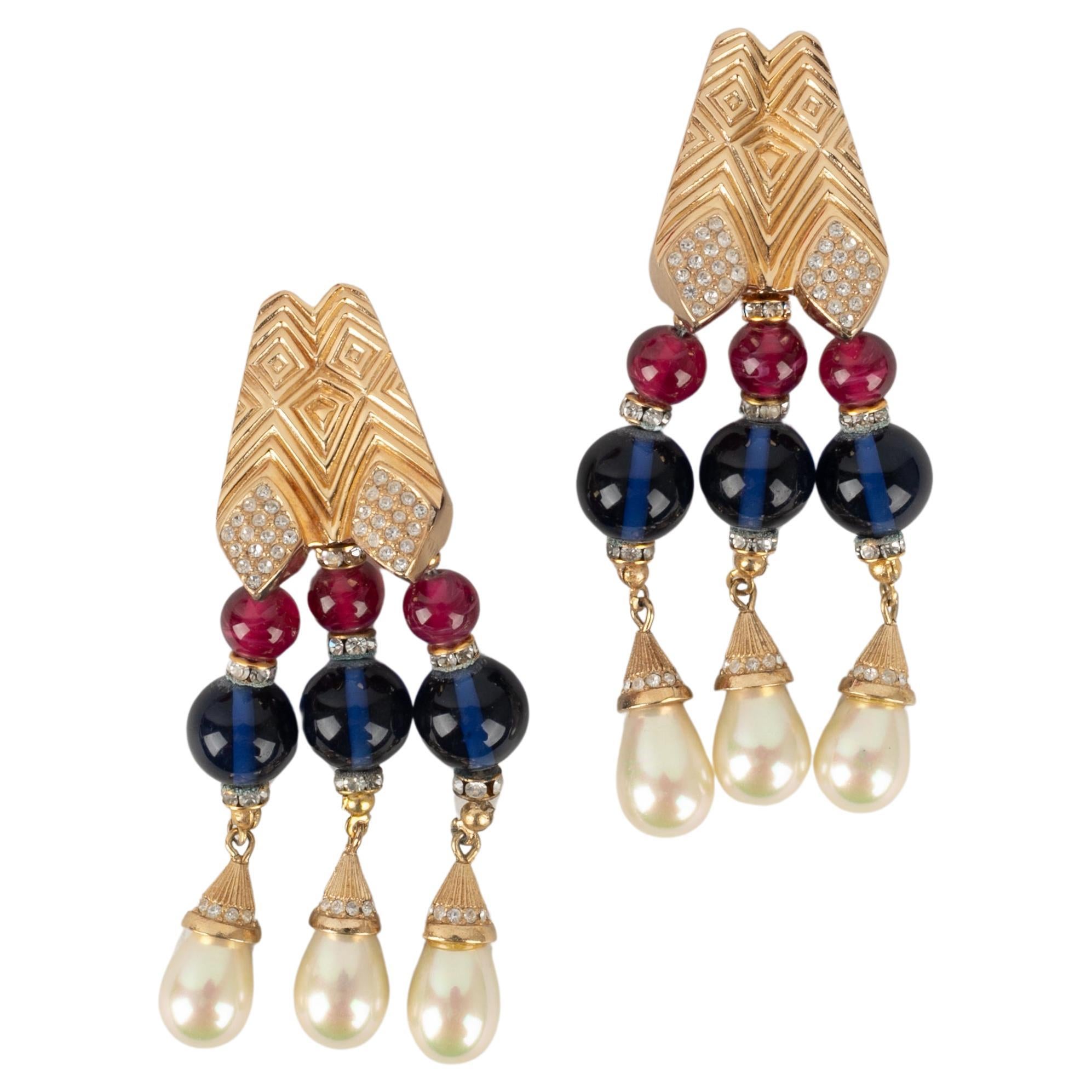 Christian Dior Golden Metal Clip-On Earrings with Rhinestones and Glass Pearls For Sale