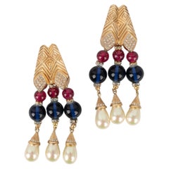 Retro Christian Dior Golden Metal Clip-On Earrings with Rhinestones and Glass Pearls