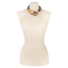 Christian Dior Golden metal Necklace Ornamented Rhinestones and Lapis Pearls