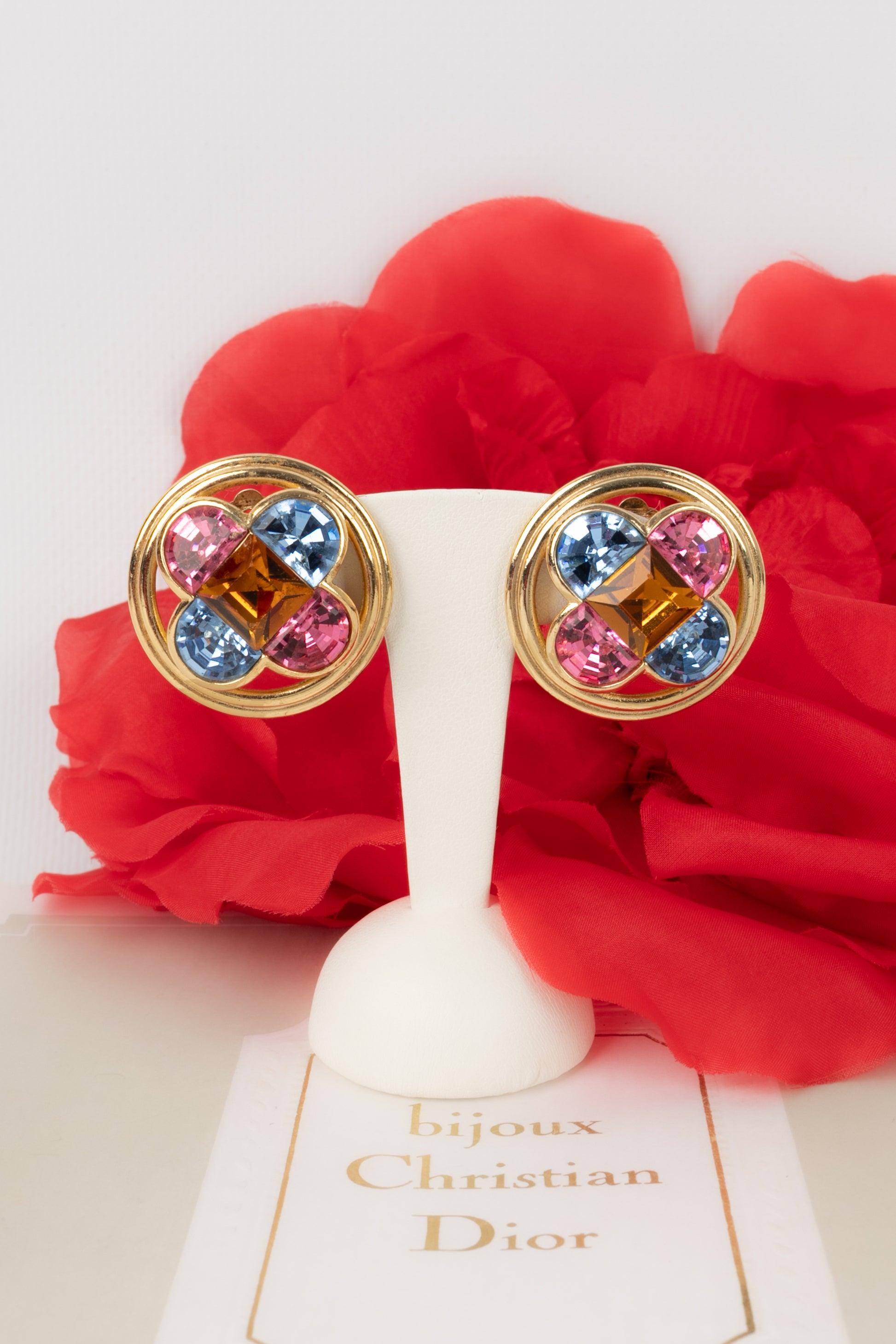 Christian Dior Golden Metal Openwork Clipon Earrings w/ Multicolored Rhinestones For Sale 3