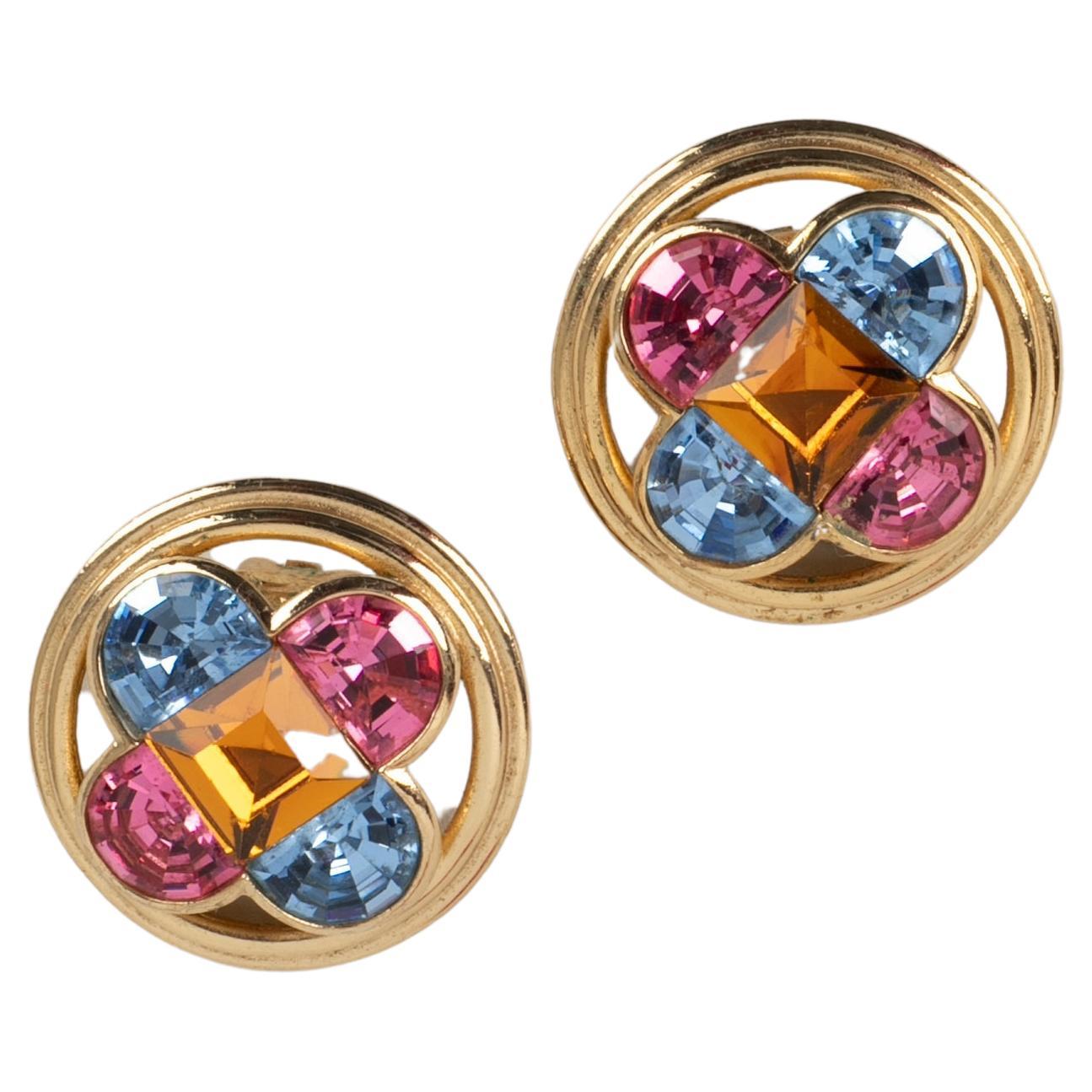 Christian Dior Golden Metal Openwork Clipon Earrings w/ Multicolored Rhinestones For Sale