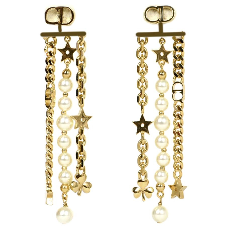 Christian Dior Goldtone & Faux Pearl Danseuse Etoile Logo Pierced Earrings