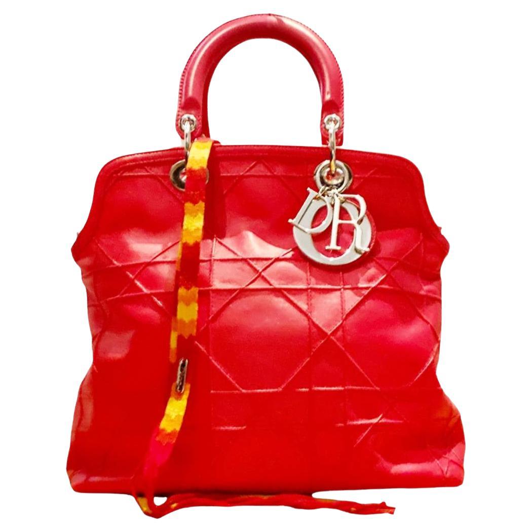 Christian Dior Granville Calfskin Red Leather Tote Bag with multicolor strap