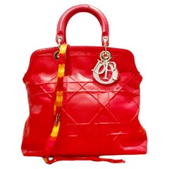 Christian Dior Granville Calfskin Red Leather Tote Bag with multicolor strap