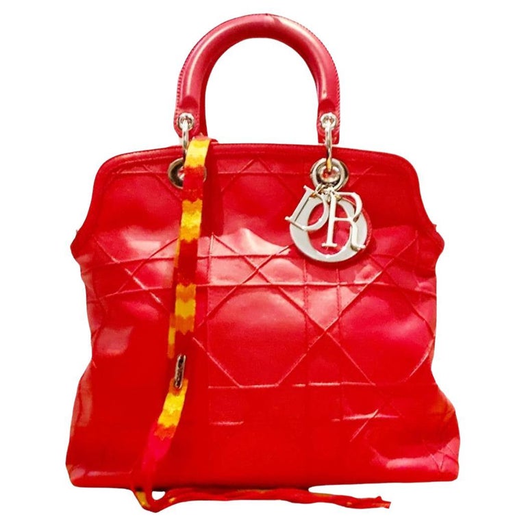 Christian Dior Granville Calfskin Red Leather Tote Bag with multicolor  strap For Sale at 1stDibs