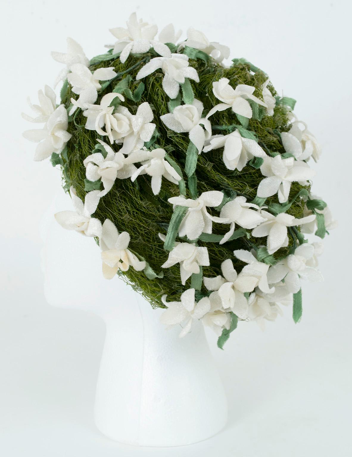 Gray Christian Dior Grass Green Beehive Turban Hat with Velvet Gardenias – S-M, 1950s For Sale