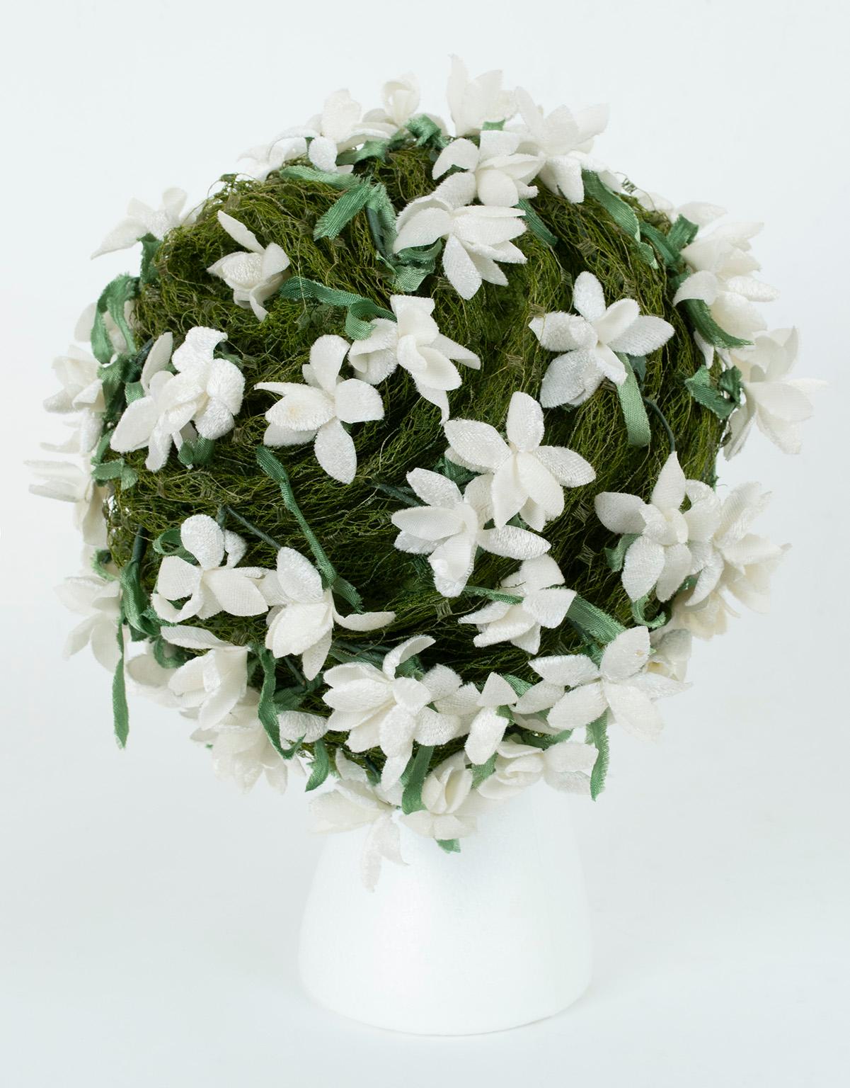 Women's Christian Dior Grass Green Beehive Turban Hat with Velvet Gardenias – S-M, 1950s For Sale
