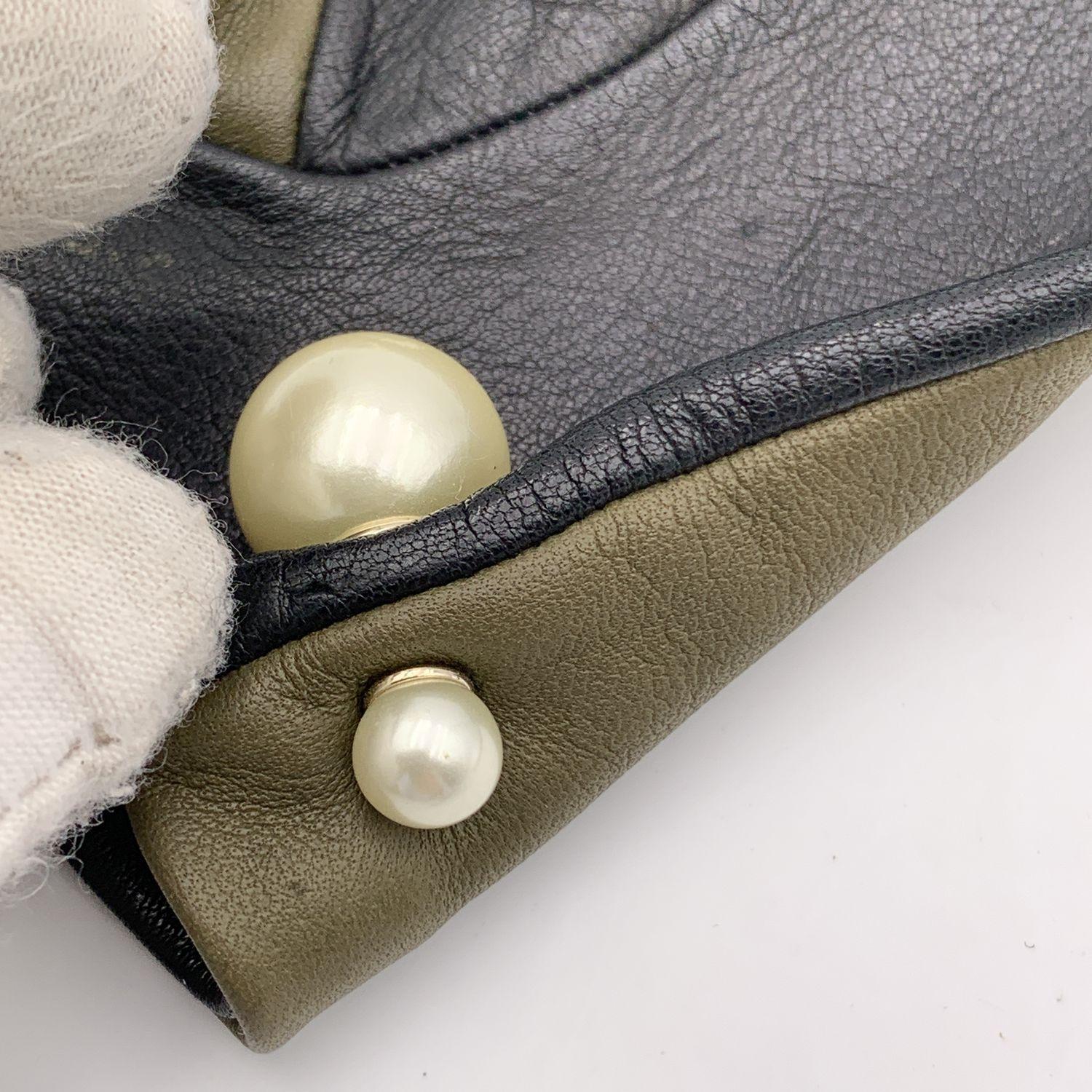 Christian Dior Green and Black Leather Tribales Pearl Gloves Size 7.5 1