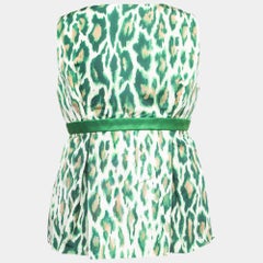 Christian Dior Green Animal Print Silk Bow Detail Top M